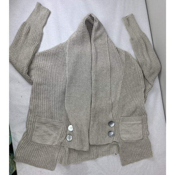 Oversized Cardigan Sweater Beige Waffle-Knit Shell-Style Buttons Medium Cozy - Picture 4 of 10